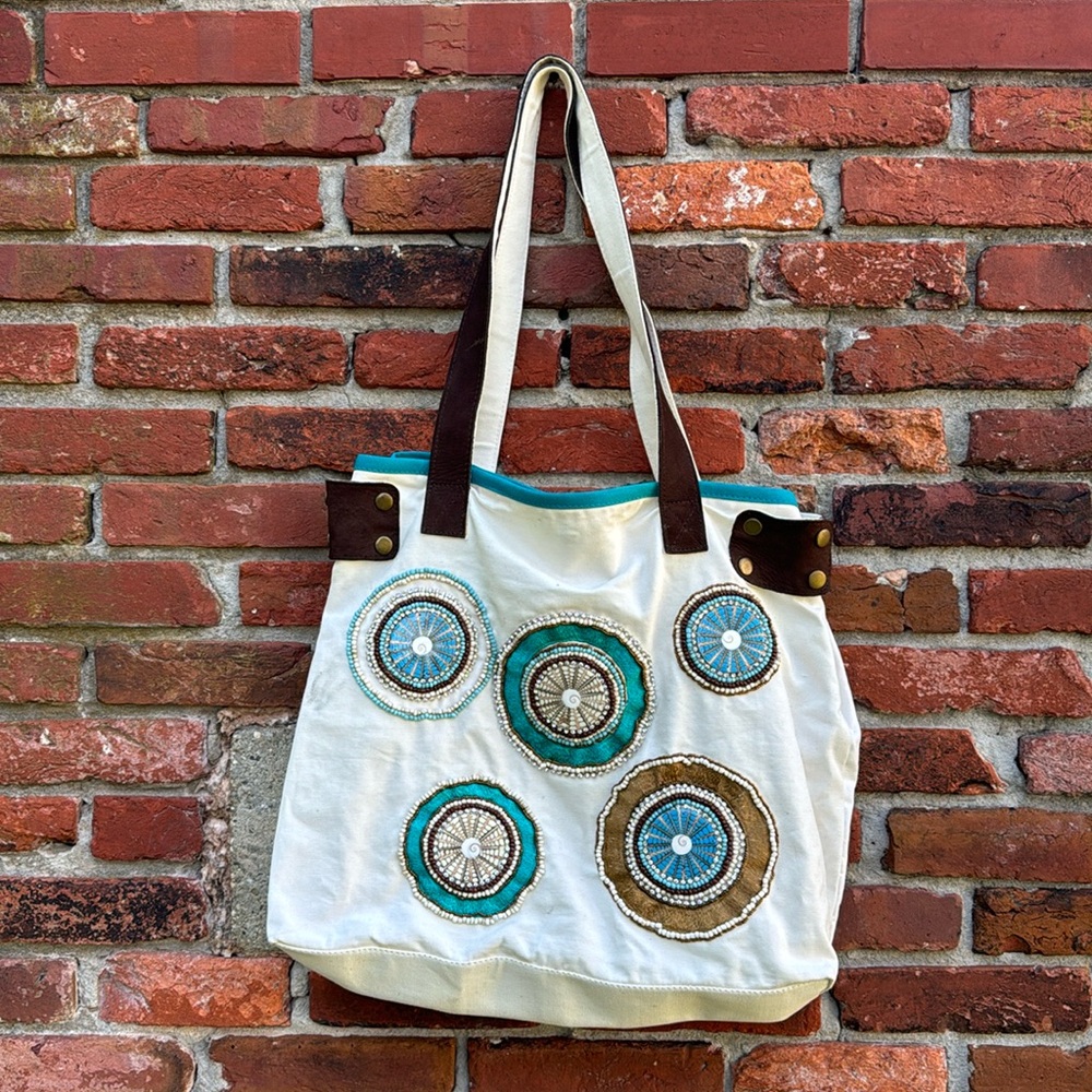 Mare Sole Amore Large Boho Embroidered / Beaded Canvas Leather Shoulder Bag